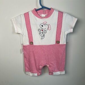 Comfy Brand Snoopy Romper Pink Faux Overalls Design Embroidered Girls